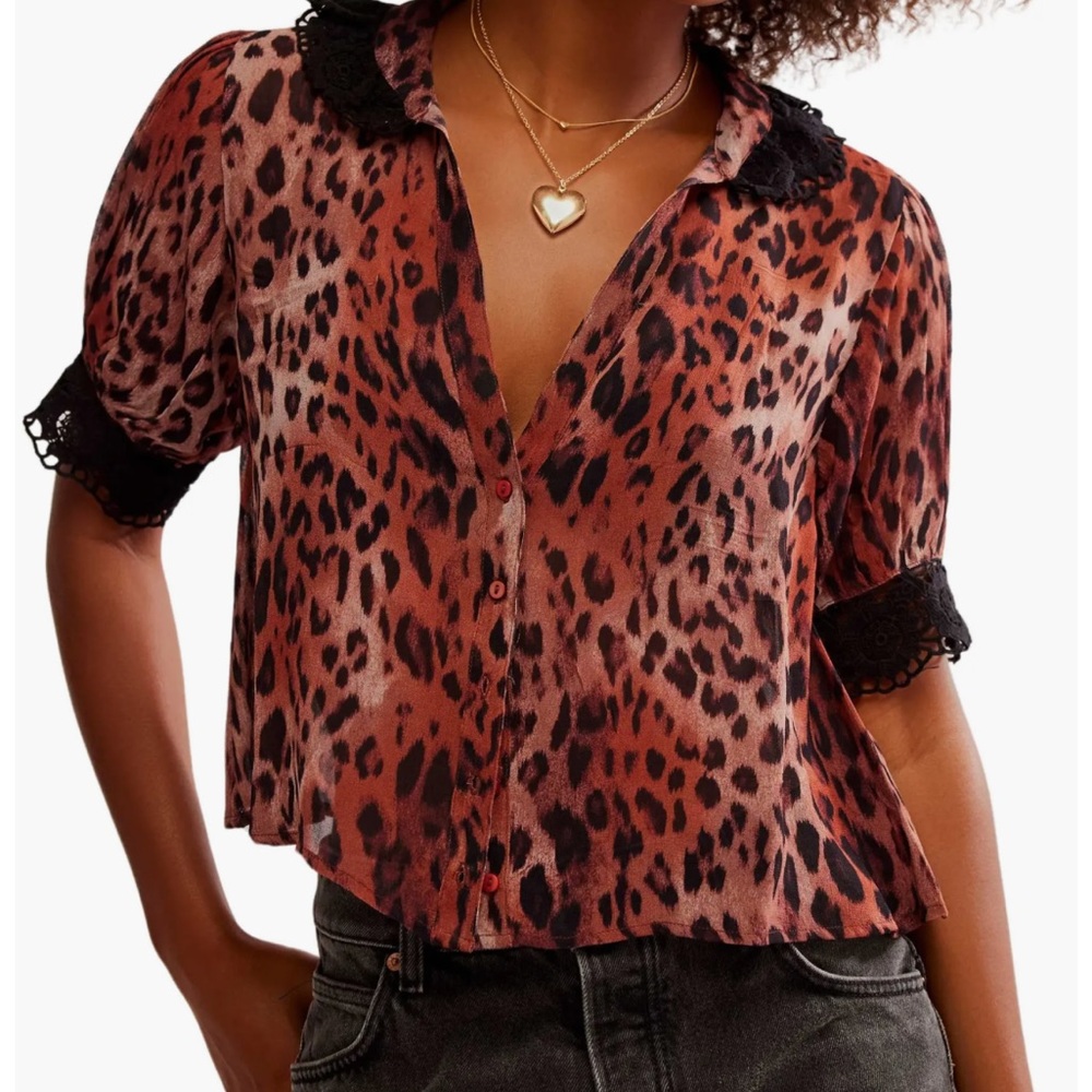 Free People My Love Lace Trim Button-Up Crop Top